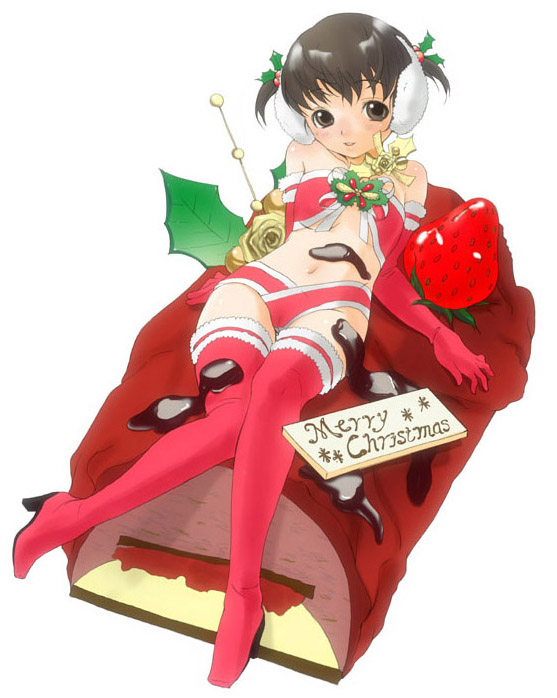 inuburo, copyright request, 1girl, bare shoulders, boots, brown eyes, brown hair, cake, christmas, earmuffs, elbow gloves, female focus, food, fruit, full body, gloves, hair ornament, high heel boots, high heels, holly, holly hair ornament, in food, looking at viewer, merry christmas, mini person, minigirl, navel, pastry, red boots, red gloves, short hair, solo, strawberry, sweets, thigh boots, thighhighs, twintails, white background, yule log (cake)