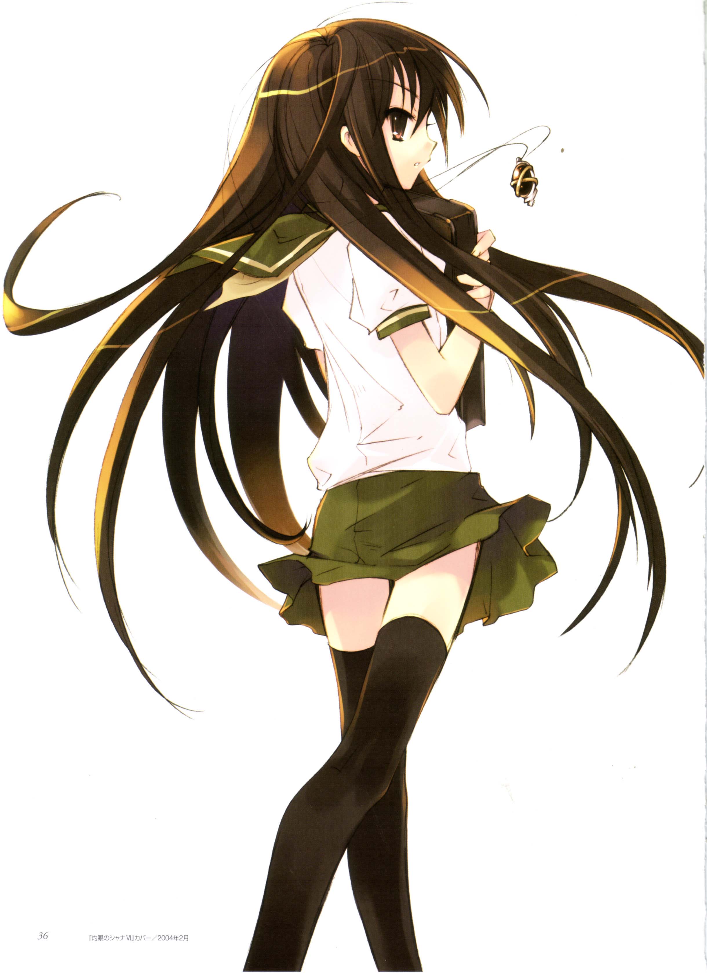 ito noizi, alastor (shakugan no shana), shana, shakugan no shana, absurdres, highres, 00s, 1girl, black thighhighs, book, briefcase, brown eyes, brown hair, brown theme, character name, closed mouth, expressionless, female focus, floating, floating hair, floating object, from behind, glowing, green skirt, holding, holding book, hugging object, jewelry, long hair, looking afar, looking back, looking to the side, miniskirt, necklace, pendant, puffy short sleeves, puffy sleeves, school briefcase, school uniform, serafuku, shirt, short sleeves, simple background, skirt, solo, thighhighs, triangle, very long hair, walking, white background, white shirt, wind, wind lift, yellow eyes, zettai ryouiki