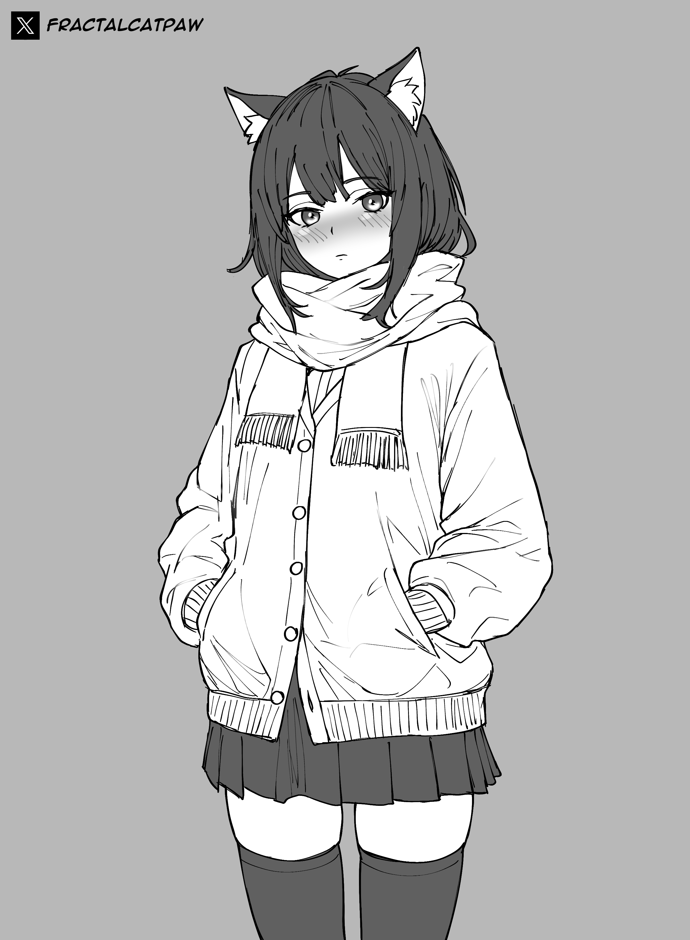original, absurdres, highres, 1girl, animal ear fluff, animal ears, artist name, blush, buttons, cardigan, cat ears, cat girl, center-flap bangs, closed mouth, cowboy shot, double-parted bangs, fractalcatpaw, grey background, greyscale, hands in pockets, long sleeves, looking at viewer, miniskirt, monochrome, pleated skirt, scarf, short hair, simple background, skindentation, skirt, solo, thighhighs, twitter x logo, zettai ryouiki