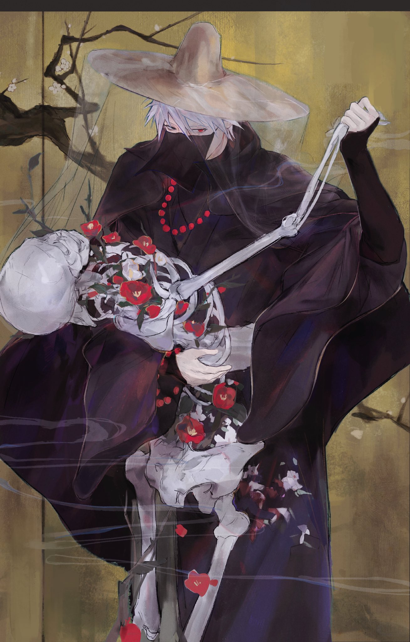 zhiyanpianyu55126, hatake kakashi, naruto (series), clothing request, commentary request, highres, 1boy, alternate costume, black eyes, closed mouth, flower, heterochromia, holding skeleton, jewelry, looking at viewer, male focus, necklace, red eyes, short hair, skeleton, solo, spiked hair, white hair