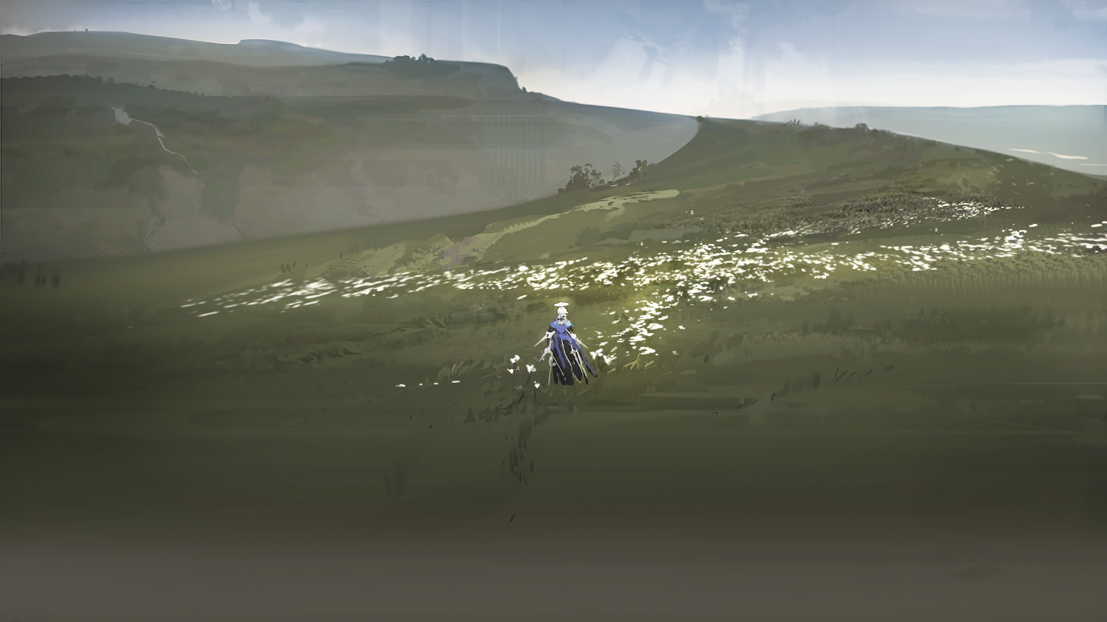 andoain (arknights), arknights, game cg, highres, official art, third-party source, 1boy, black cloak, blue hair, blue scarf, blue sky, cloak, day, detached wings, energy wings, floating clothes, flower, grass, halo, hill, male focus, nature, outdoors, plain, scarf, scenery, sky, solo, very wide shot, white flower, wings
