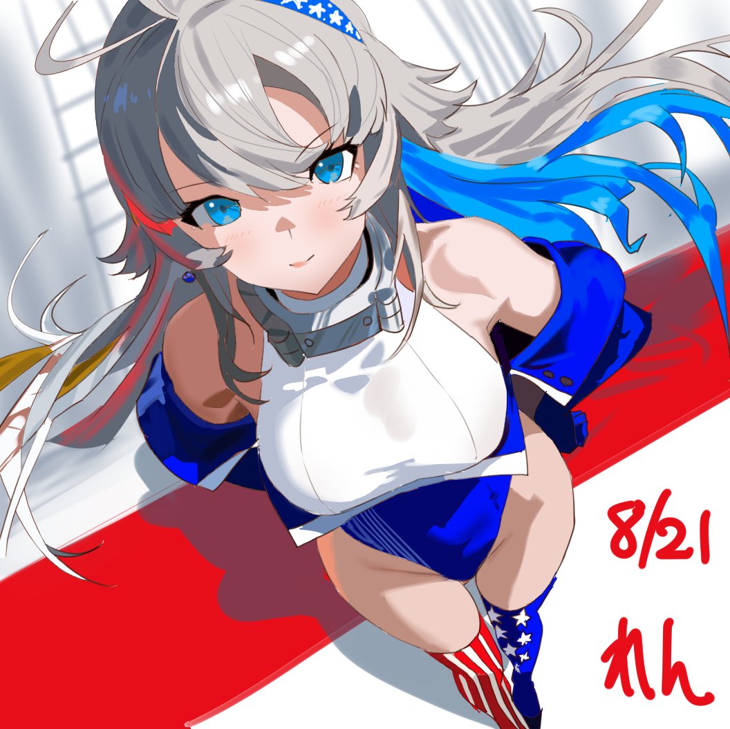 ren (pawer1945), washington (kancolle), kantai collection, commentary request, 1girl, ahoge, alternate costume, american flag, american flag legwear, artist name, asymmetrical legwear, bare shoulders, blue eyes, blue gloves, blue leotard, blush, breasts, closed mouth, colored inner hair, covered navel, dated, detached collar, elbow gloves, flag print, gloves, grey eyes, grey hair, hair between eyes, hands on own hips, highleg, highleg leotard, large breasts, leotard, long hair, looking at viewer, mismatched legwear, multicolored hair, one-hour drawing challenge, sleeveless, smile, solo, star (symbol), striped clothes, striped thighhighs, symbol-shaped pupils, thighhighs, vertical-striped clothes, vertical-striped thighhighs, white leotard