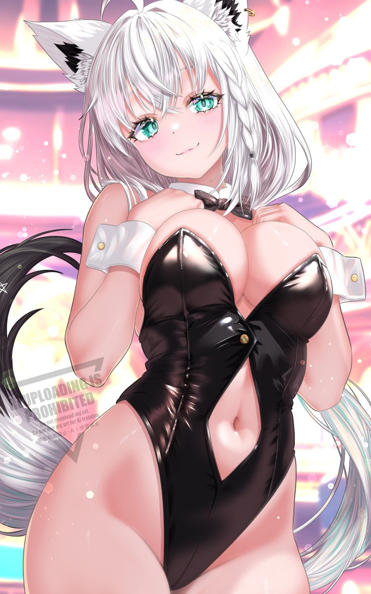 nanaki24, shirakami fubuki, hololive, revision, 1girl, alternate costume, animal ear fluff, animal ears, bare arms, bare shoulders, black bow, black bowtie, black leotard, blue eyes, blush, bow, bowtie, braid, breasts, closed mouth, clothing cutout, crossed bangs, detached collar, fox ears, fox girl, fox tail, hair between eyes, hand on own chest, highleg, highleg leotard, large breasts, leotard, long hair, looking at viewer, multicolored hair, navel, navel cutout, nontraditional playboy bunny, sidelocks, single braid, smile, solo, strapless, strapless leotard, tail, two-tone hair, virtual youtuber, white hair