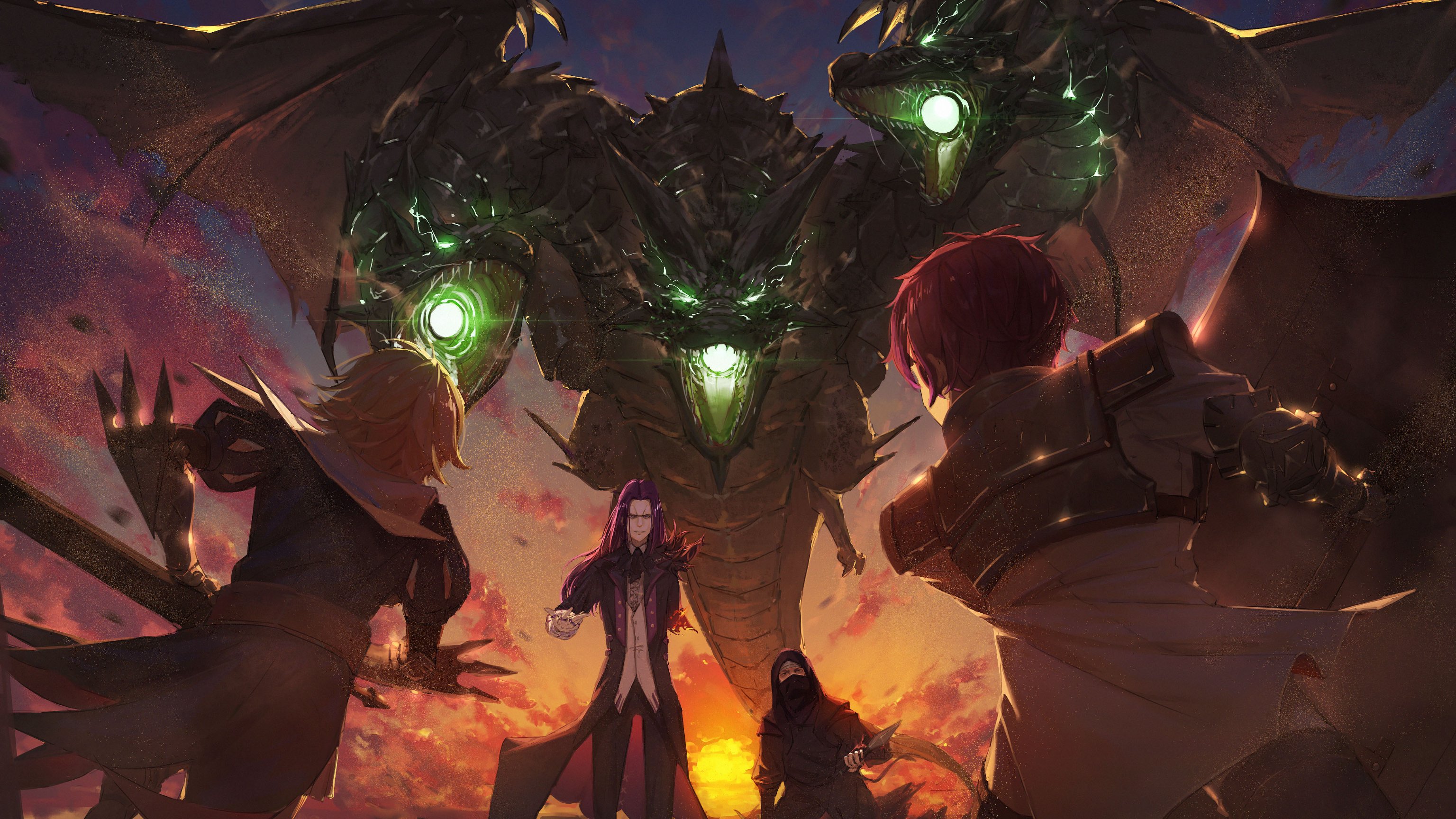 ro ka ro ka, carol (re:zero), stride vollachia, re:zero kara hajimeru isekai seikatsu, highres, 1girl, armor, battle, blonde hair, cape, cloak, cloud, cloudy sky, dagger, dragon, evil smile, glowing, grimm (re:zero), knife, long hair, magic, monster, multiple boys, purple hair, red hair, short hair, sky, smile, sunset, sword, valgren (re:zero), weapon