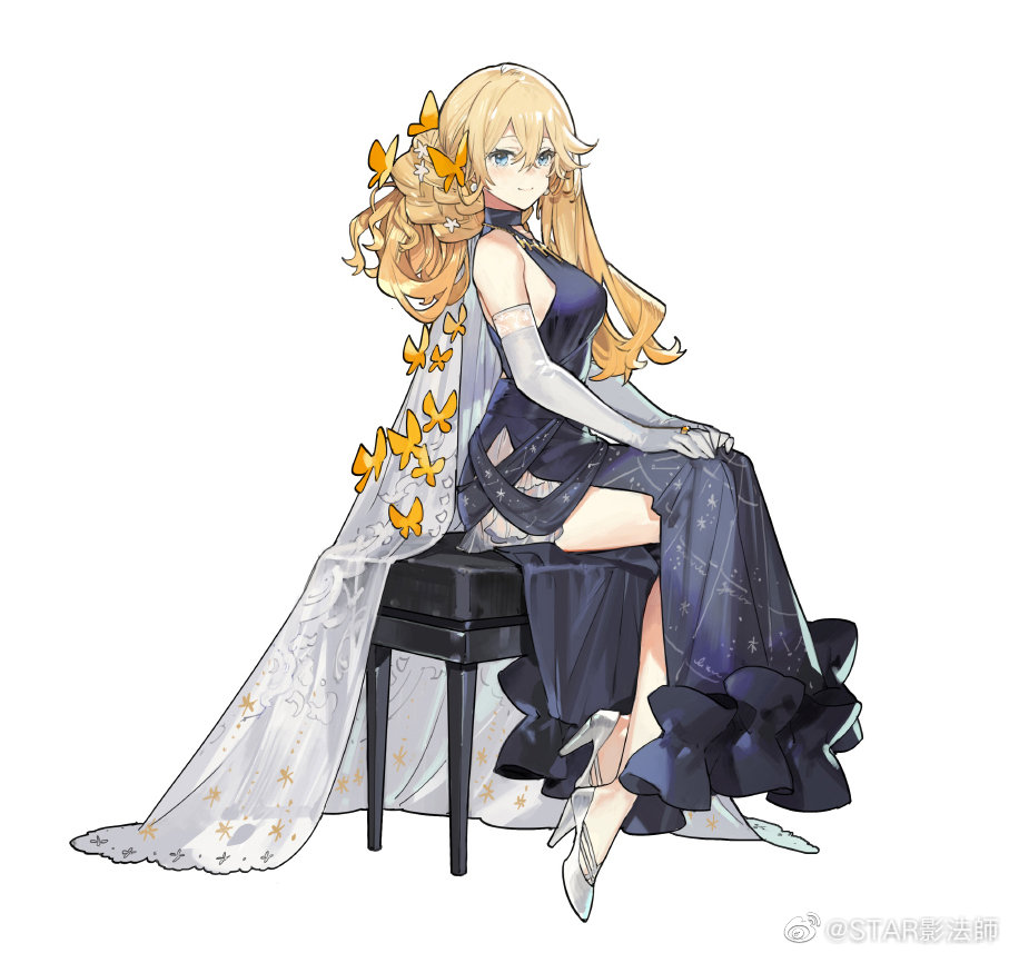starshadowmagician, durandal (honkai impact), honkai (series), honkai impact 3rd, character request, check character, 1girl, black dress, blonde hair, blue eyes, breasts, closed mouth, dress, elbow gloves, gloves, grey gloves, grey shoes, hair between eyes, high heels, long hair, looking at viewer, piano bench, shoes, sideboob, simple background, sitting, sleeveless, sleeveless dress, smile, solo, very long hair, white background