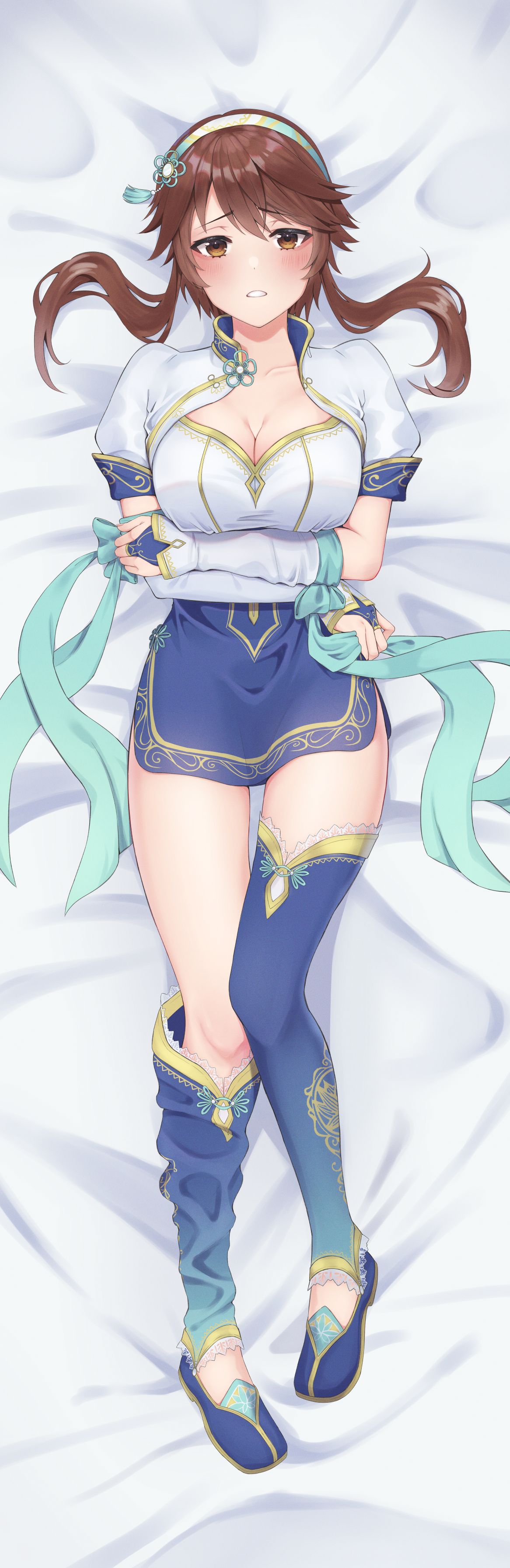 kryto arts, chai xianghua, soul calibur, absurdres, commentary, commission, english commentary, highres, pixiv commission, 1girl, aqua hairband, bed sheet, blue shoes, blue skirt, breasts, brown eyes, brown hair, cleavage, cropped jacket, dakimakura (medium), full body, hairband, jacket, large breasts, looking at viewer, lying, on back, on bed, puffy short sleeves, puffy sleeves, shirt, shoes, short hair, short sleeves, skirt, solo, white jacket, white shirt