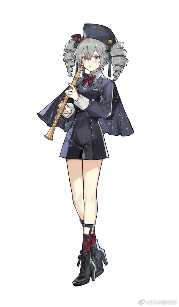 starshadowmagician, bronya zaychik, honkai (series), honkai impact 3rd, instrument request, 1girl, black hat, black jacket, black shoes, black shorts, blush, bow, collared shirt, dress shirt, drill hair, full body, grey eyes, grey hair, hair between eyes, hat, high heels, holding, holding instrument, instrument, jacket, long sleeves, looking at viewer, parted lips, plaid bow, plaid clothes, plaid socks, puffy long sleeves, puffy sleeves, red bow, red socks, shirt, shoes, short shorts, shorts, simple background, socks, solo, twin drills, twintails, white background, white shirt