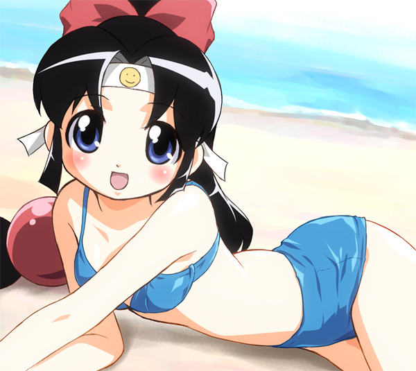 shinobu (ninin ga shinobuden), ninin ga shinobuden, 00s, 1girl, beach, bikini, blue bikini, blunt bangs, blush, day, female focus, hairband, happy, headband, ninja, outdoors, smiley face, solo, swimsuit