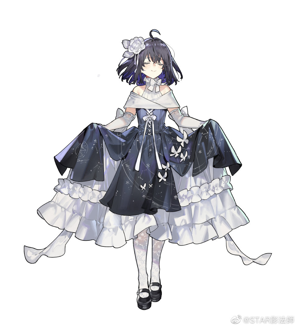 starshadowmagician, seele vollerei, honkai (series), honkai impact 3rd, 1girl, ahoge, black dress, black hair, black shoes, closed eyes, closed mouth, dress, elbow gloves, facing viewer, flower, frilled dress, frills, full body, gloves, hair flower, hair ornament, multicolored hair, off-shoulder dress, off shoulder, pantyhose, purple hair, shoes, short hair, simple background, skirt hold, solo, standing, two-tone hair, white background, white flower, white gloves, white pantyhose