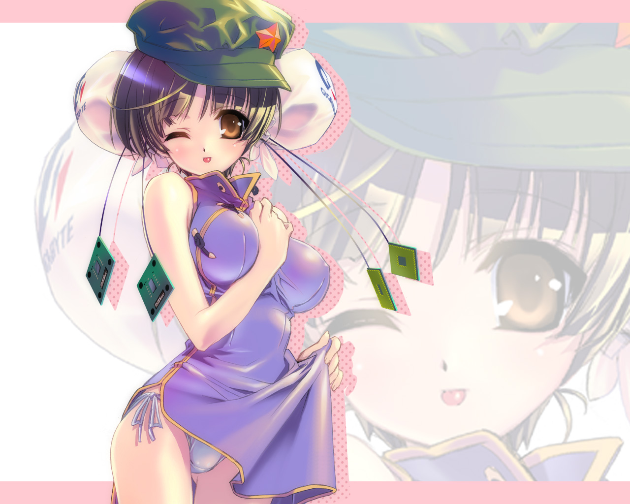 ashishun, cpu, gigabyko, os-tan, 1girl, ;p, blush, breasts, brown eyes, brown hair, bun cover, china dress, chinese clothes, clothes lift, double bun, dress, dress lift, female focus, gigabyte, grey hair, hair bun, hat, large breasts, newsboy cap, one eye closed, orange eyes, panties, pantyshot, purple dress, short hair, side-tie panties, solo, standing, thigh gap, thighs, tongue, tongue out, underwear, upskirt, white panties, wink, zoom layer