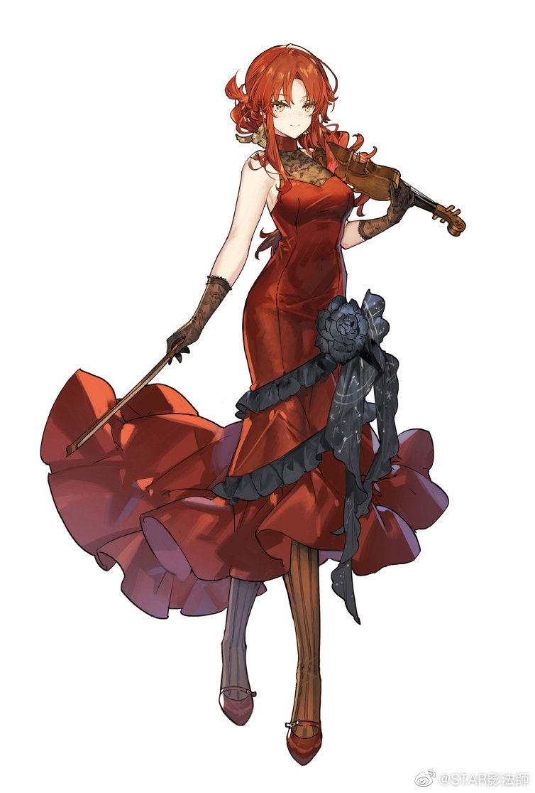 starshadowmagician, murata himeko, honkai (series), honkai impact 3rd, 1girl, bare shoulders, black flower, bow (music), breasts, brown eyes, brown gloves, brown pantyhose, closed mouth, dress, flower, full body, gloves, holding, holding instrument, instrument, medium breasts, pantyhose, parted bangs, red dress, red hair, red shoes, shoes, simple background, sleeveless, sleeveless dress, smile, solo, standing, striped clothes, striped pantyhose, vertical-striped clothes, vertical-striped pantyhose, violin, white background