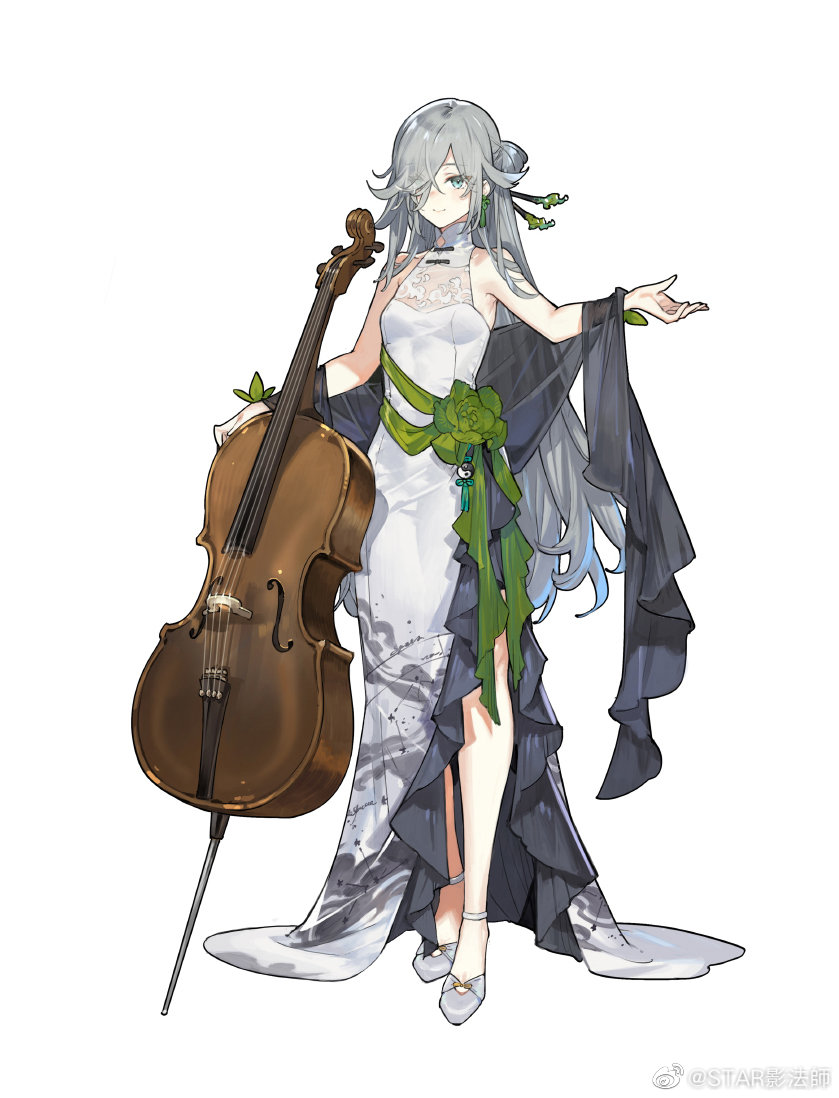 starshadowmagician, fu hua, honkai (series), honkai impact 3rd, character request, check character, 1girl, bare shoulders, blue eyes, breasts, cello, closed mouth, dress, full body, grey hair, grey shoes, hair over one eye, holding, holding instrument, instrument, long hair, looking at viewer, shoes, simple background, sleeveless, sleeveless dress, small breasts, smile, solo, standing, very long hair, white background, white dress