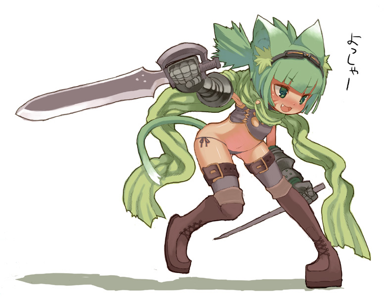 rikose, original, animal ears, belt, black panties, blush, boots, cat ears, cat tail, fang, fantasy, fighting stance, gauntlets, green eyes, green hair, long hair, lowleg, lowleg panties, midriff, panties, scarf, side-tie panties, solo, spiked hair, standing, sword, tail, thigh boots, thigh strap, thighhighs, underwear, weapon