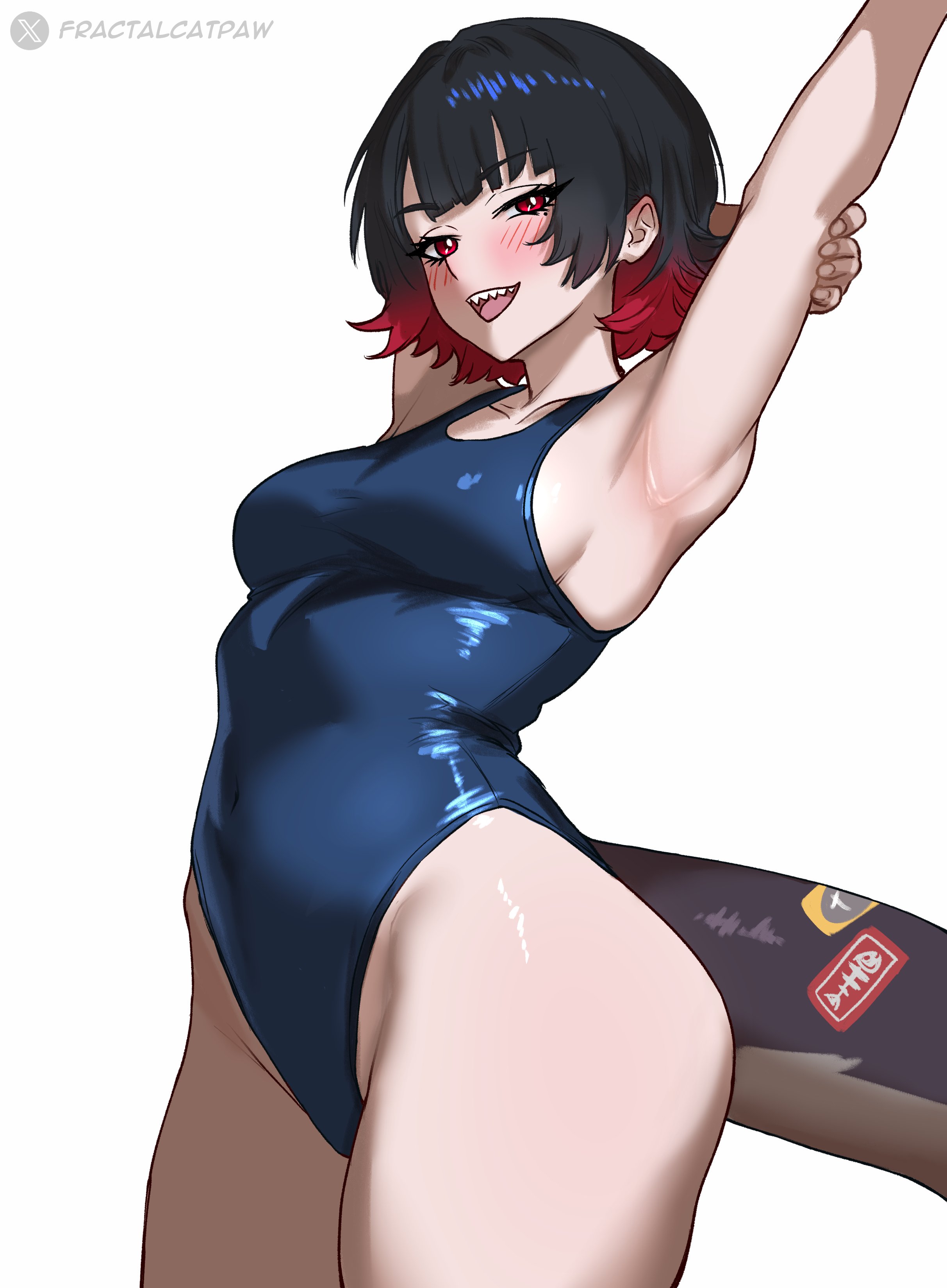 ellen joe, zenless zone zero, absurdres, commentary, english commentary, highres, 1girl, arm behind head, armpits, arms up, artist name, black hair, black tail, blue one-piece swimsuit, blush, breasts, cowboy shot, fins, fish tail, fractalcatpaw, groin, highleg, highleg one-piece swimsuit, looking at viewer, medium breasts, multicolored hair, one-piece swimsuit, open mouth, red eyes, red hair, shark girl, shark tail, sharp teeth, short hair, sideboob, simple background, smile, solo, stretching, swimsuit, tail, teeth, thighs, tongue, twitter x logo, two-tone hair, upper teeth only, white background