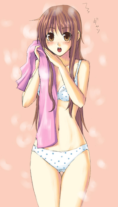 unasaka ryou, original, 1girl, blush, bra, brown eyes, brown hair, female focus, holding, lingerie, long hair, looking at viewer, panties, polka dot, polka dot bra, polka dot panties, solo, standing, towel, underwear, underwear only, white bra, white panties