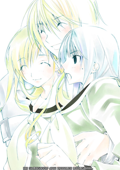 utsubushi satsuki, nijou noriko, satou sei, toudou shimako, maria-sama ga miteru, 00s, 3girls, blush, faux traditional media, hug, multiple girls, school uniform, serafuku, smile