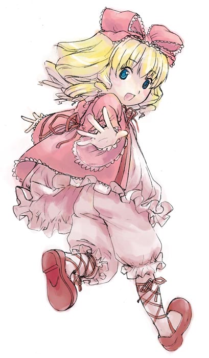 irigomame, hinaichigo, rozen maiden, 00s, 1girl, ankle ribbon, blonde hair, bloomers, blue eyes, bow, dress, drill hair, female focus, full body, hair ribbon, leg ribbon, looking at viewer, looking back, open mouth, outstretched arms, pink bloomers, pink bow, pink dress, ribbon, running, shoes, short hair, simple background, smile, solo, spread arms, underwear, white bloomers