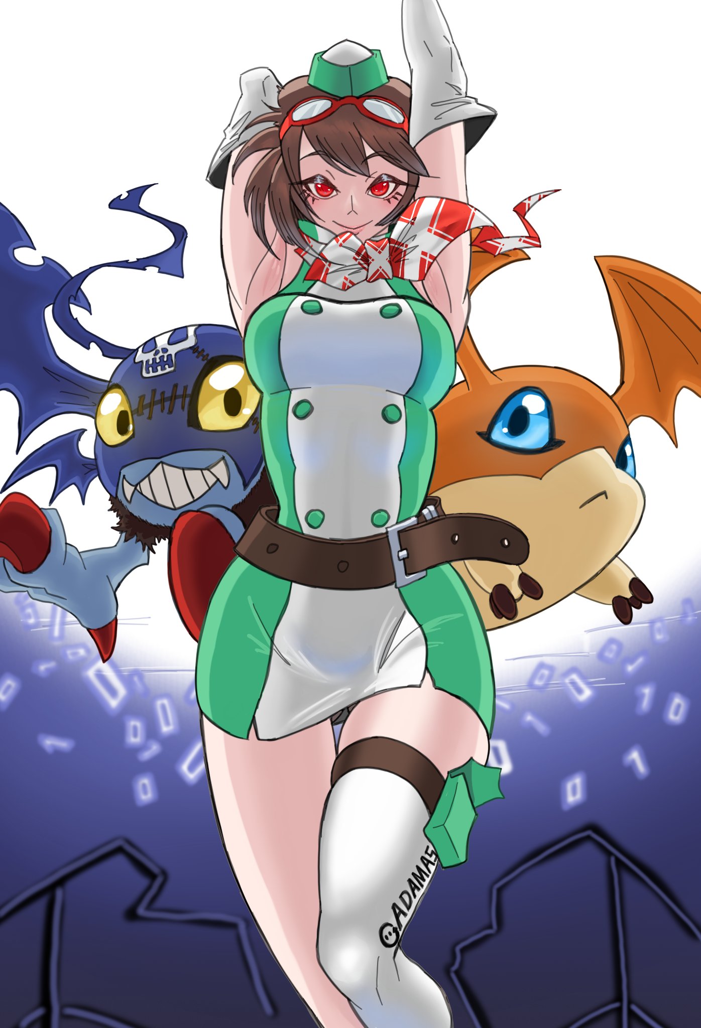 laser (akirawai), patamon, picodevimon, yuuki kanan, digimon, digimon story: time stranger, highres, 1girl, armpits, arms up, blush, breasts, brown hair, cowboy shot, dress, eyelashes, goggles, goggles on head, green dress, green hat, group picture, hat, large breasts, red eyes, single thighhigh, smile, thighhighs, white dress
