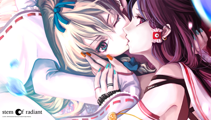 cradle (circle), misaki kurehito, hakurei reimu, yakumo yukari, team shanghai alice, touhou, 2girls, aqua nails, blonde hair, female focus, kiss, multiple girls, nail polish, orange nails, yuri