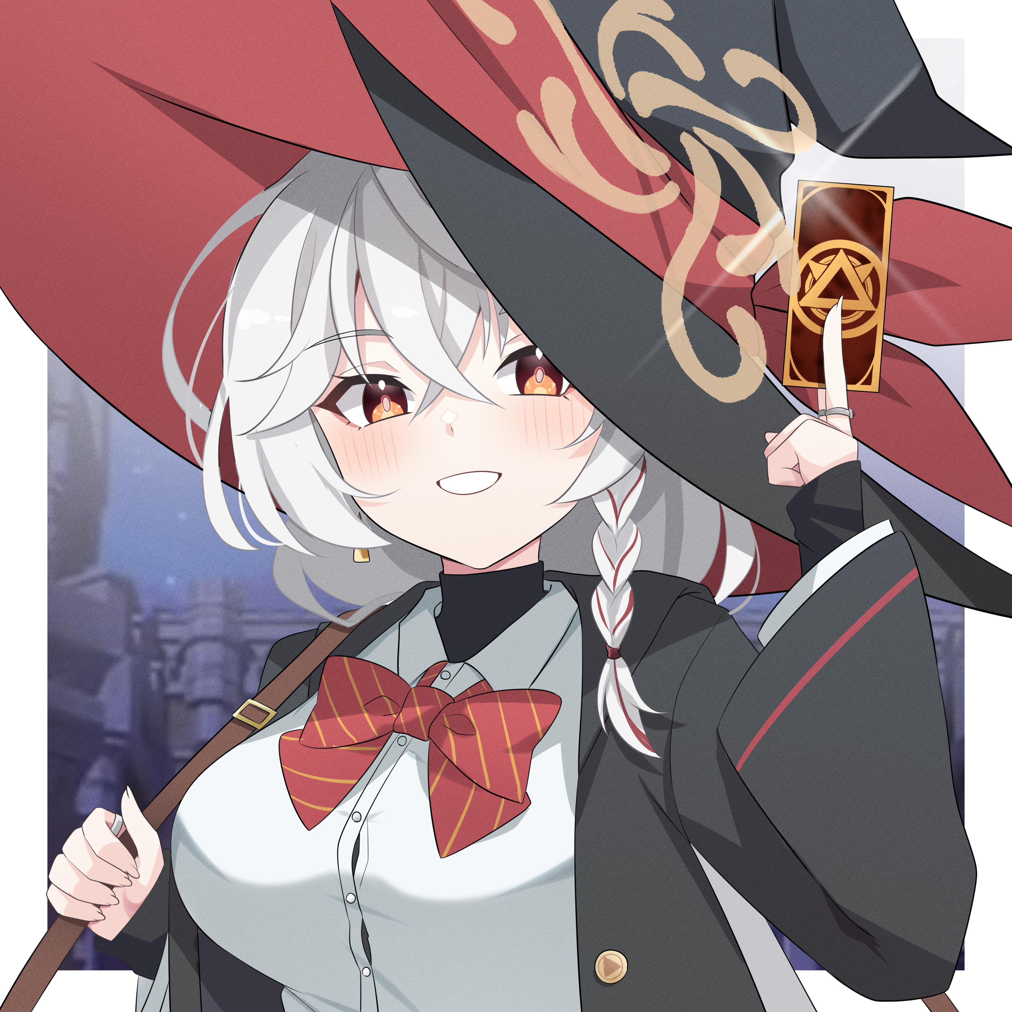 torasan, eri (blue archive), blue archive, bow, bowtie, braid, card, halo, hat, holding, holding card, holding strap, jacket, long coat, long hair, orange eyes, shirt, skirt, smile, sparkle, sweater, white hair, witch hat