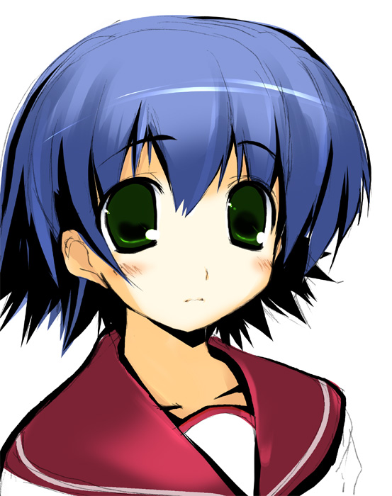 oshiki hitoshi, tonami yuma, to heart (series), to heart 2, 00s, blue hair, blush, green eyes, school uniform, serafuku, short hair, simple background, solo, white background