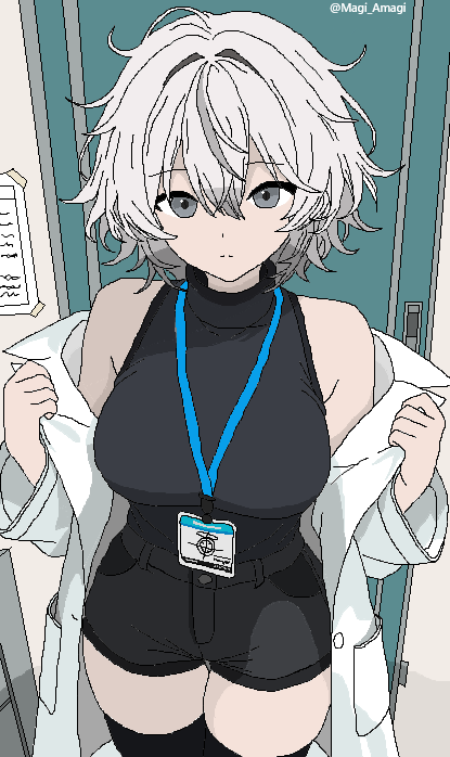 female sensei (blue archive), sensei (blue archive), blue archive, black thighhighs, denim, denim shorts, grey eyes, grey hair, lab coat, lanyard, magi amagi, schale logo, shorts, sleeveless, sleeveless turtleneck, thighhighs, turtleneck