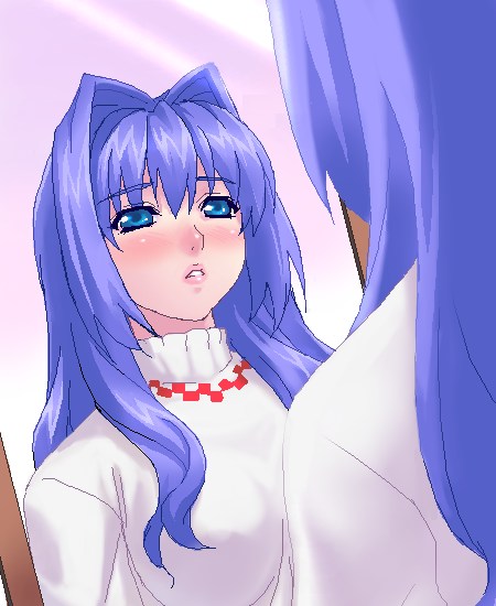 zen, minase akiko, kanon, 1girl, blue eyes, blue hair, blush, female focus, hair intakes, lipstick, long hair, makeup, matching hair/eyes, mirror, oekaki, parted lips, purple hair, reflection, solo, sweater, turtleneck