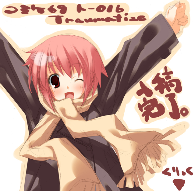 kagome (traumatize), original, 1girl, arms up, female focus, one eye closed, pink hair, scarf, short hair, solo, wink