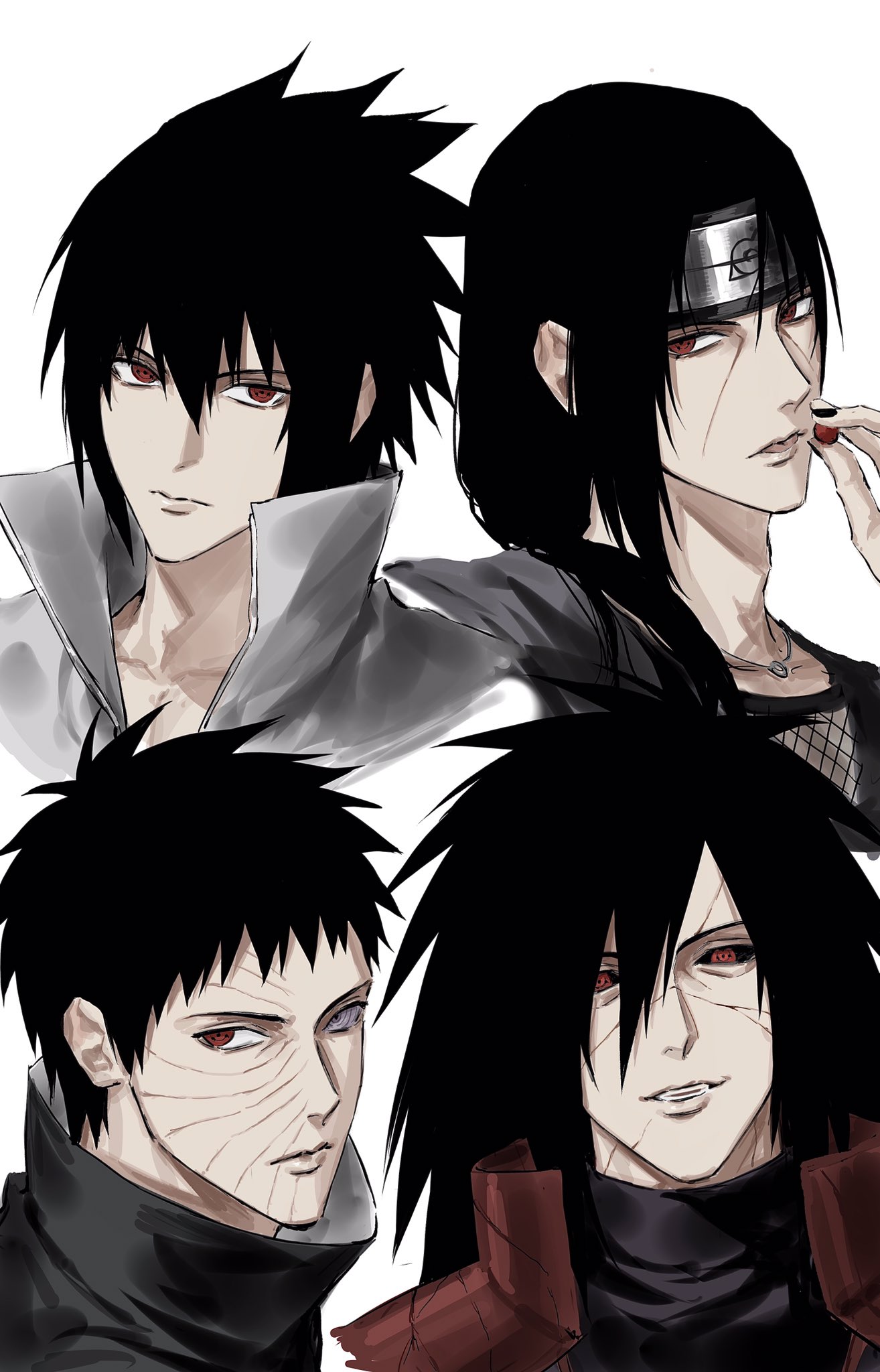 sso s, uchiha itachi, uchiha madara, uchiha obito, uchiha sasuke, naruto (series), naruto shippuuden, highres, 4boys, black hair, black sclera, brothers, closed mouth, colored sclera, cracked skin, evil smile, facial mark, high collar, konohagakure symbol, long hair, looking at viewer, male focus, multiple boys, official alternate costume, red eyes, rinnegan, sharingan, short hair, siblings, simple background, smile, upper body, white background