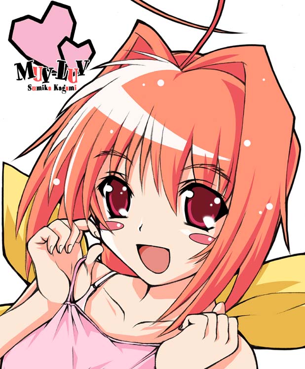 kagami sumika, muv-luv, 1girl, ahoge, bare shoulders, blush stickers, camisole, collarbone, copyright name, female focus, hair between eyes, heart, looking at viewer, open mouth, orange hair, red eyes, red hair, simple background, solo, spaghetti strap, upper body, white background