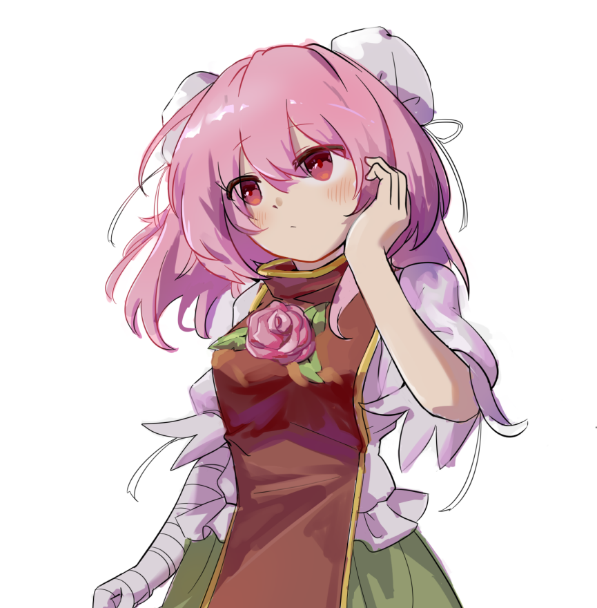 yorange17, ibaraki kasen, touhou, commentary, english commentary, 1girl, bandaged arm, bandages, blush, breasts, bun cover, double bun, flower, green skirt, hair bun, pink eyes, pink flower, pink hair, pink rose, red tabard, rose, shirt, simple background, skirt, solo, tabard, white background, white shirt