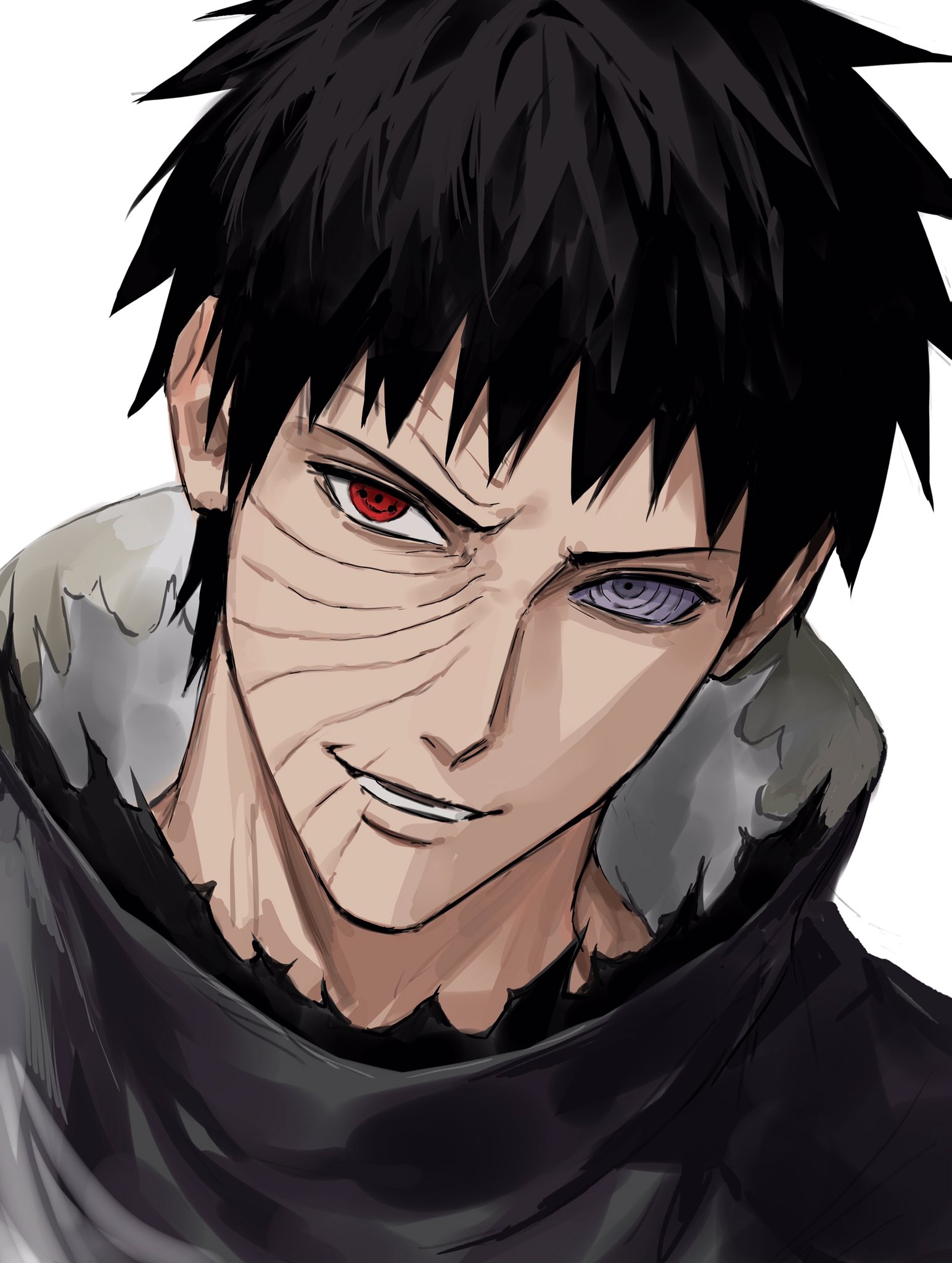 sso s, uchiha obito, naruto (series), naruto shippuuden, highres, 1boy, black hair, heterochromia, looking at viewer, lower teeth only, male focus, open mouth, purple eyes, red eyes, rinnegan, sharingan, short hair, simple background, solo, spiked hair, teeth, upper body, white background