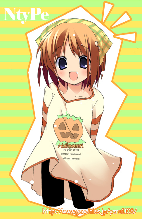 mizoguchi keiji, waha, yamato suzuran, suigetsu, blue eyes, brown hair, fang, flower, green background, lily of the valley, orange background, simple background, solo