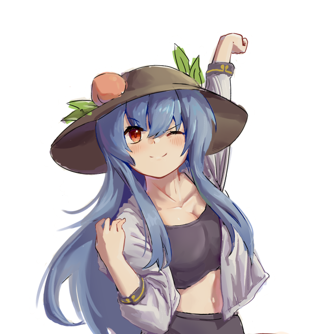 yorange17, hinanawi tenshi, touhou, commentary, 1girl, alternate costume, arm up, black hat, black tank top, blue hair, blush, breasts, cleavage, closed mouth, crop top, grey shirt, hat, hat ornament, leaf hat ornament, long hair, looking at viewer, one eye closed, open clothes, open shirt, peach hat ornament, red eyes, shirt, simple background, smile, solo, stretching, tank top, very long hair, white background