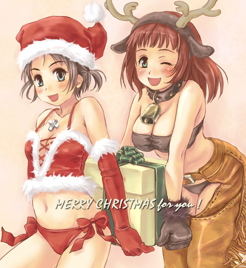 simon (kappa no kawanagare), original, 2girls, animal costume, bell, black bra, black panties, blush, bra, breasts, brown gloves, brown hair, carrying, chaps, christmas, collar, corset, cross, elbow gloves, fur (clothing), gift, gloves, hat, large breasts, leaning forward, long hair, looking at viewer, medium breasts, midriff, multiple girls, navel, neck bell, one eye closed, panties, ponytail, red gloves, reindeer costume, ribbon, santa costume, santa hat, short hair, side-tie panties, smile, strapless, tube top, underwear, wink