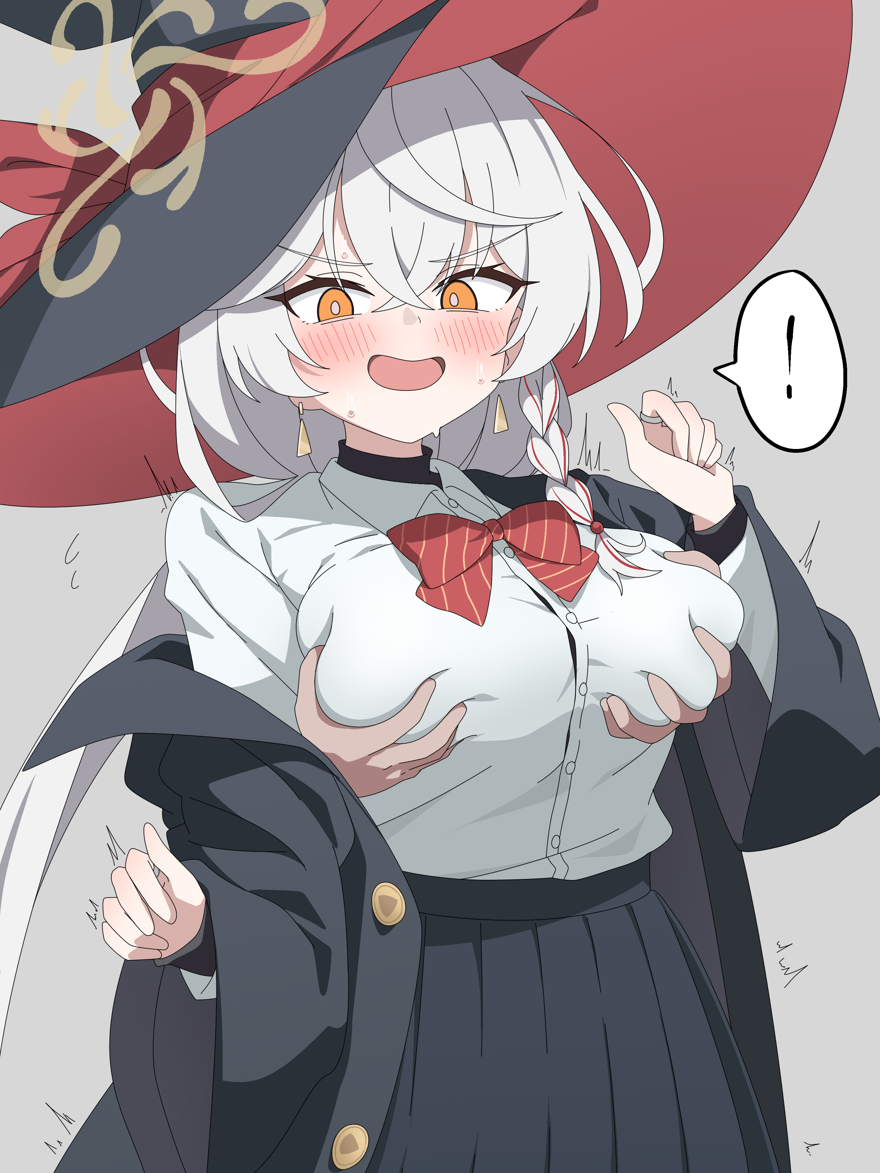 rehu (mangyu), eri (blue archive), blue archive, absurdres, commentary request, highres, 1girl, black hat, black jacket, black skirt, bow, bowtie, braid, breasts, collared shirt, crossed bangs, earrings, grabbing another's breast, grabbing from behind, groping, hair between eyes, halo, hat, jacket, jewelry, large breasts, long hair, long sleeves, multicolored hair, multiple rings, open clothes, open jacket, open mouth, orange eyes, pleated skirt, red bow, red bowtie, red streaks, ring, shirt, side braid, simple background, skirt, standing, streaked hair, striped bow, striped bowtie, striped clothes, sweat, twitching, two-sided fabric, two-sided headwear, upper body, white hair, white shirt, witch hat, yellow eyes, yellow halo