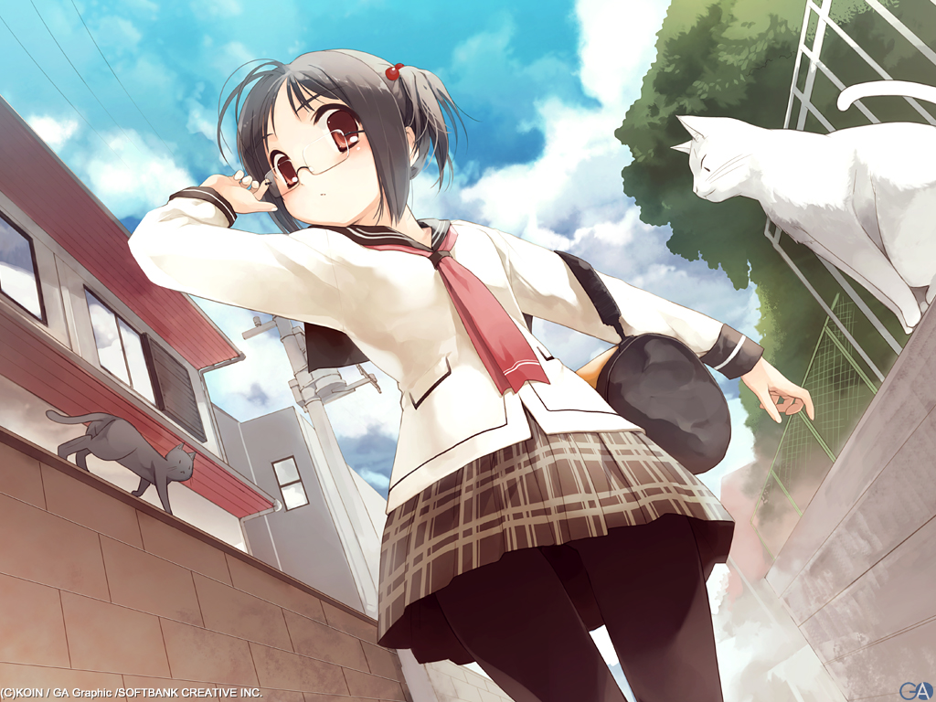 koin (foxmark), gagraphic, plaid, wall, wallpaper, duplicate, 1girl, adjusting eyewear, arm up, bag, blush, brown hair, brown skirt, cat, chain-link fence, cloud, day, dutch angle, fence, from below, glasses, grey hair, hair bobbles, hair ornament, house, outdoors, pantyhose, plaid skirt, power lines, red eyes, school uniform, serafuku, short hair, side ponytail, skirt, sky, solo, standing, telephone pole, thigh gap, tree, vanishing point, wallwalking