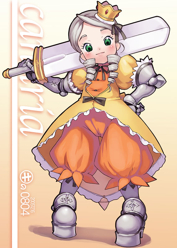 kei jiei, gradriel de valendia, kanaria, atlus, princess crown, rozen maiden, 00s, 1girl, 2005, armor, armored dress, character name, cosplay, dated, dress, female focus, gradriel de valendia (cosplay), orange background, orange theme, parody, solo, yellow dress