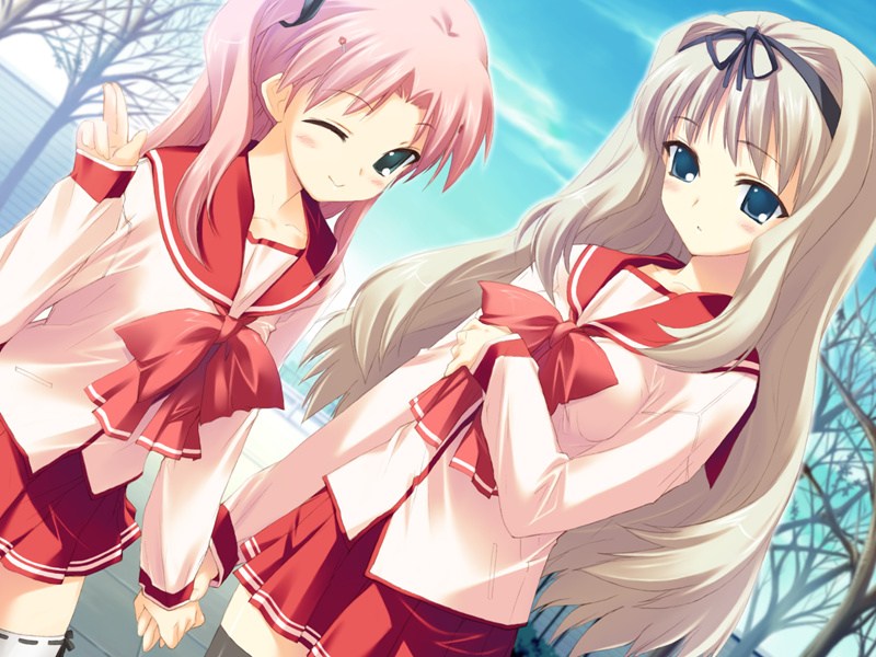 kawata hisashi, kusugawa sasara, maaryan, to heart 2, to heart 2 xrated, wallpaper, game cg, 2girls, blonde hair, blue eyes, green eyes, holding hands, long hair, multiple girls, pink hair, pleated skirt, school uniform, serafuku, skirt, sky, thighhighs, wink