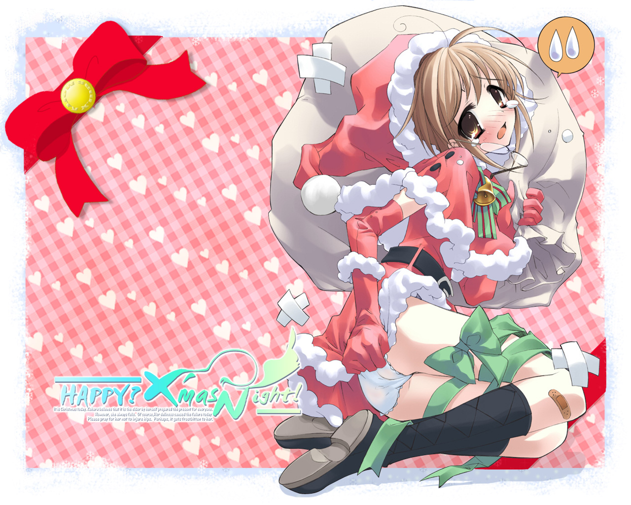 ito noizi, original, striped neckwear, 1girl, ass, bandaid, bandaid on knee, bandaid on leg, bell, black socks, blush, bow, bowtie, brown eyes, brown hair, christmas, covering ass, covering privates, dress, dress tug, elbow gloves, female focus, glasses, gloves, green ribbon, hat, heart, heart background, kneehighs, lace, lace-trimmed panties, lace trim, lying, on side, panties, pink background, plaid background, red gloves, ribbon, santa costume, santa hat, shoes, short hair, socks, solo, striped bow, striped bowtie, striped clothes, tears, underwear, white panties
