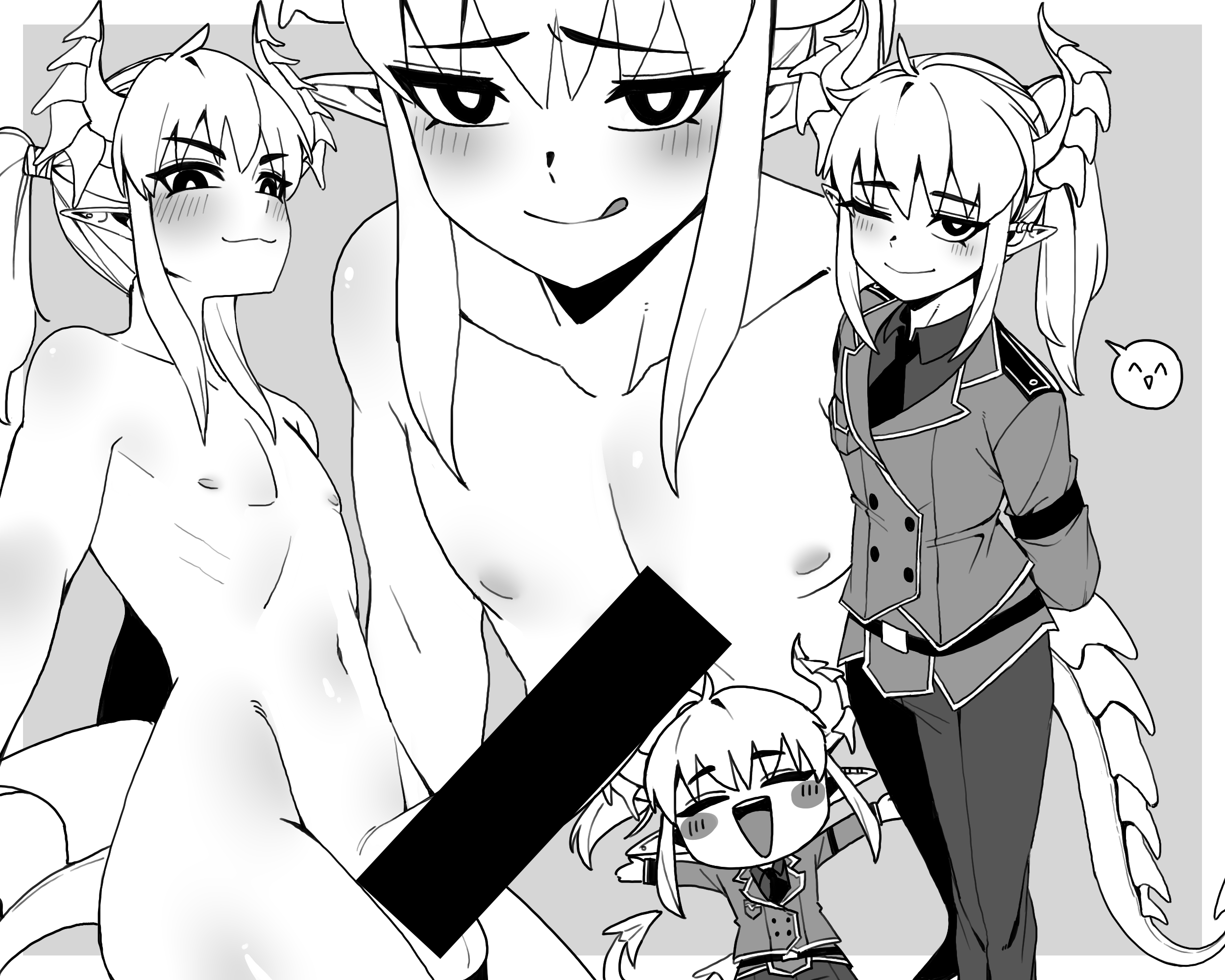 7a (se7ena), original, commentary, commission, english commentary, highres, mixed-language commentary, 1boy, :3, :q, arms behind back, bar censor, blush, blush stickers, border, buttons, censored, chibi, chibi inset, choppy bangs, closed mouth, collarbone, collared shirt, completely nude, double-breasted, dragon boy, dragon horns, dragon tail, erection, grey background, greyscale, horns, jacket, licking lips, long hair, long sleeves, looking at viewer, male focus, monochrome, multiple views, navel, necktie, nipples, nude, open mouth, outside border, pants, penis, pointy ears, shirt, sidelocks, simple background, smile, speech bubble, spoken expression, spoken smile, tail, testicles, tongue, tongue out, white border