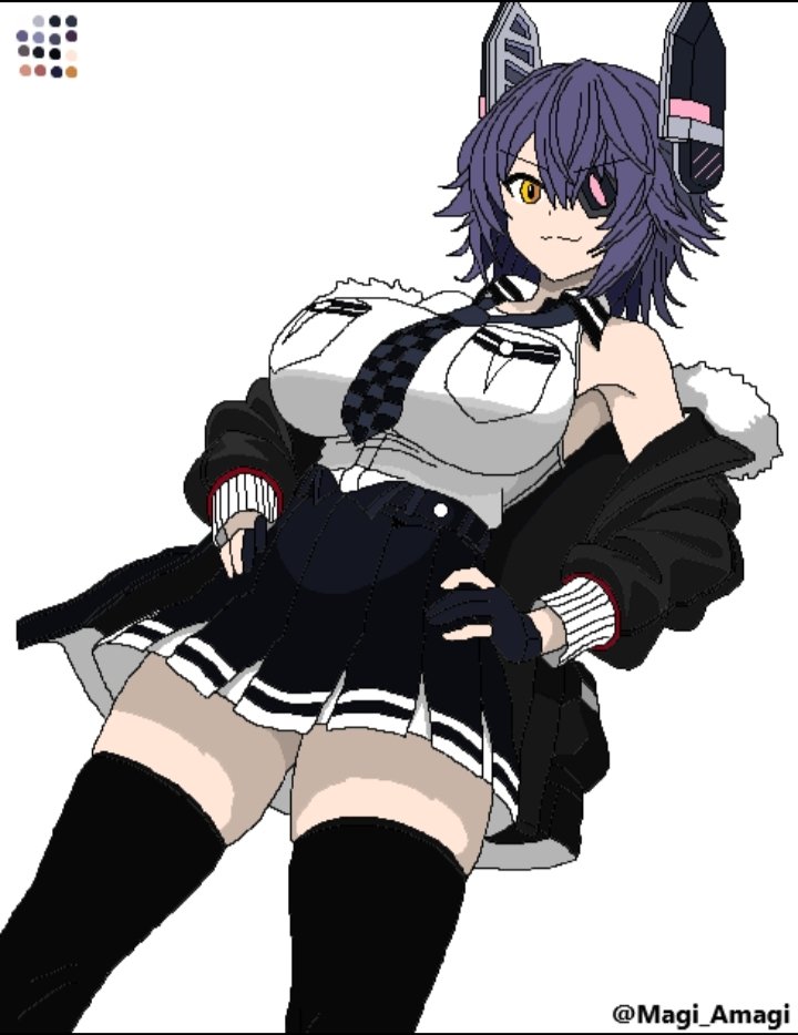 tenryuu (kancolle), tenryuu kai ni (kancolle), kantai collection, black jacket, black skirt, black thighhighs, checkered necktie, eyepatch, floating headgear, from below, fur collar, gloves, headgear, jacket, magi amagi, necktie, partially fingerless gloves, purple hair, shirt, skirt, sleeveless, sleeveless shirt, thighhighs, white background, white shirt, yellow eyes