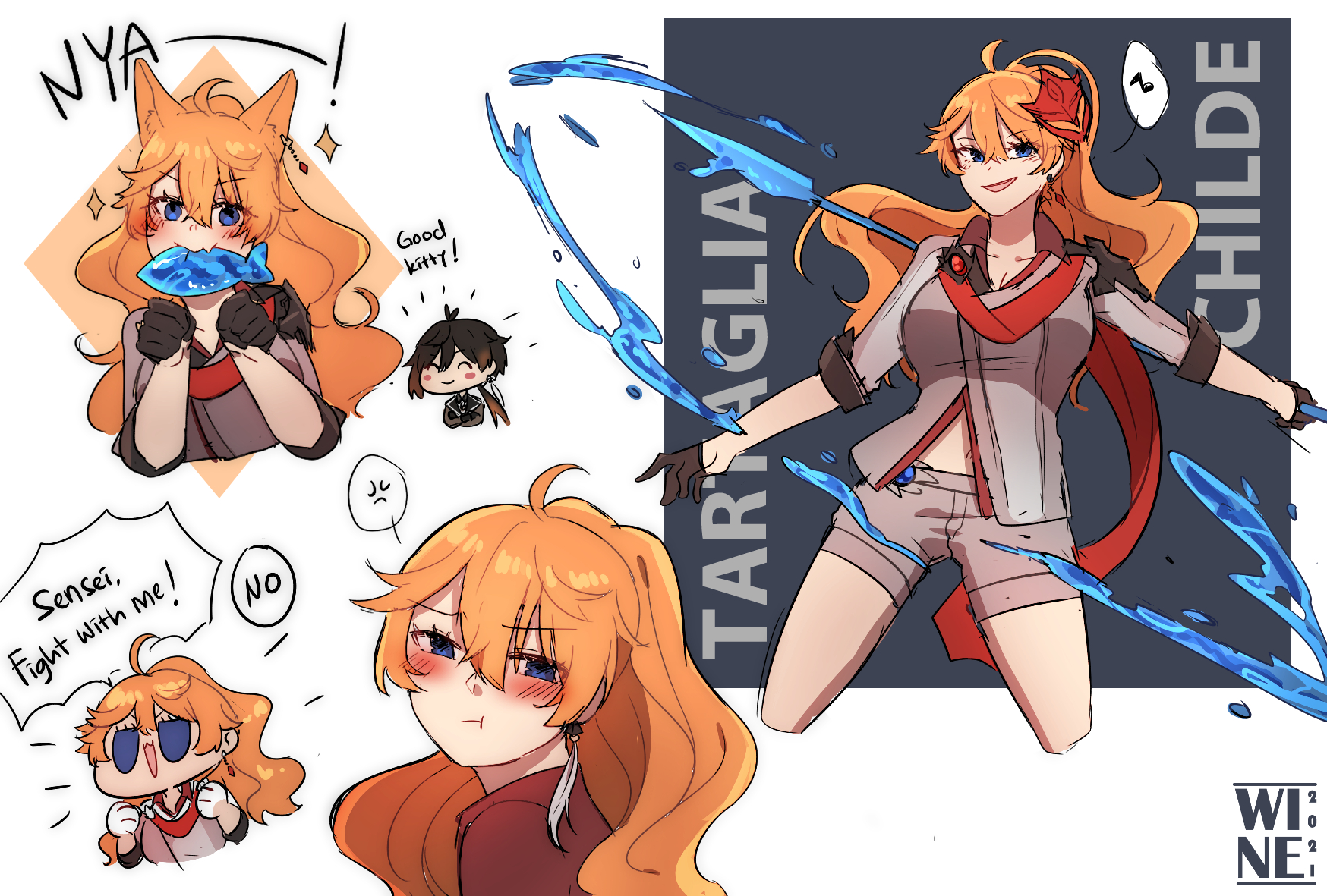 winechii, tartaglia (genshin impact), zhongli (genshin impact), genshin impact, highres, 1boy, 1girl, ahoge, animal ears, black gloves, black hair, blue eyes, blush, cat ears, cat girl, chibi, chibi inset, fish, genderswap, genderswap (mtf), gloves, kemonomimi mode, long hair, orange hair, red scarf, scarf, speech bubble, water