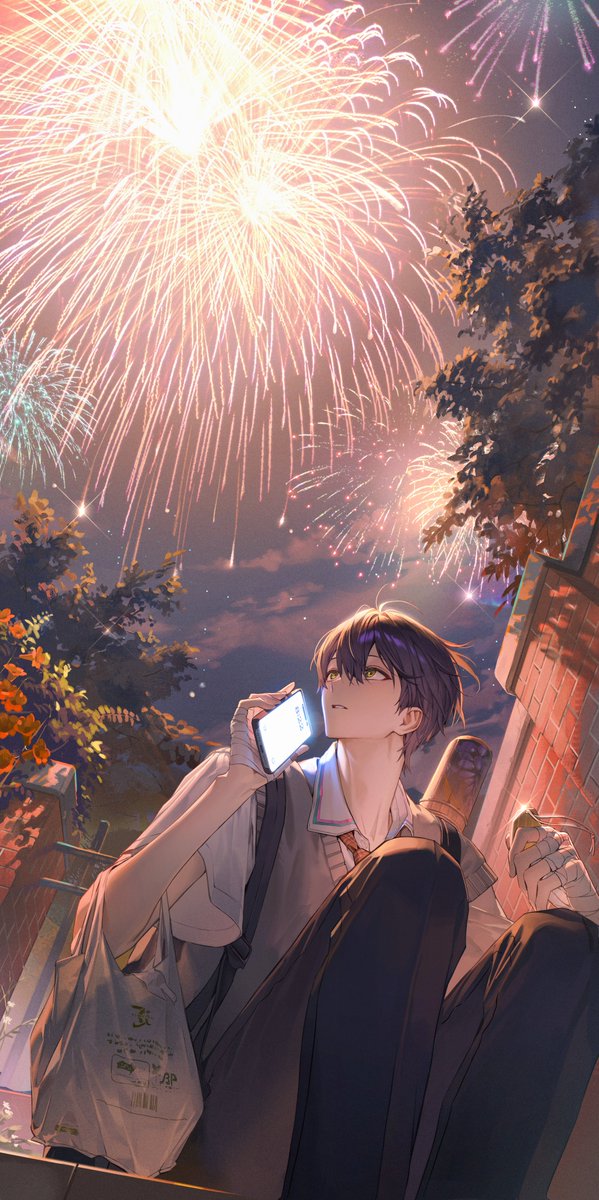 haero, kenmochi touya, nijisanji, highres, 1boy, aerial fireworks, bag, bandaged hand, bandages, black pants, cellphone, cloud, collared shirt, double-parted bangs, fireworks, flower, from below, green eyes, grey sweater vest, hair between eyes, holding, holding bag, holding phone, looking up, male focus, necktie, night, night sky, outdoors, pants, phone, plant, plastic bag, purple hair, red flower, red necktie, shirt, short sleeves, sitting, sitting on stairs, sky, smartphone, solo, stairs, star (sky), sweater vest, upper body, weapon bag, white shirt, wing collar