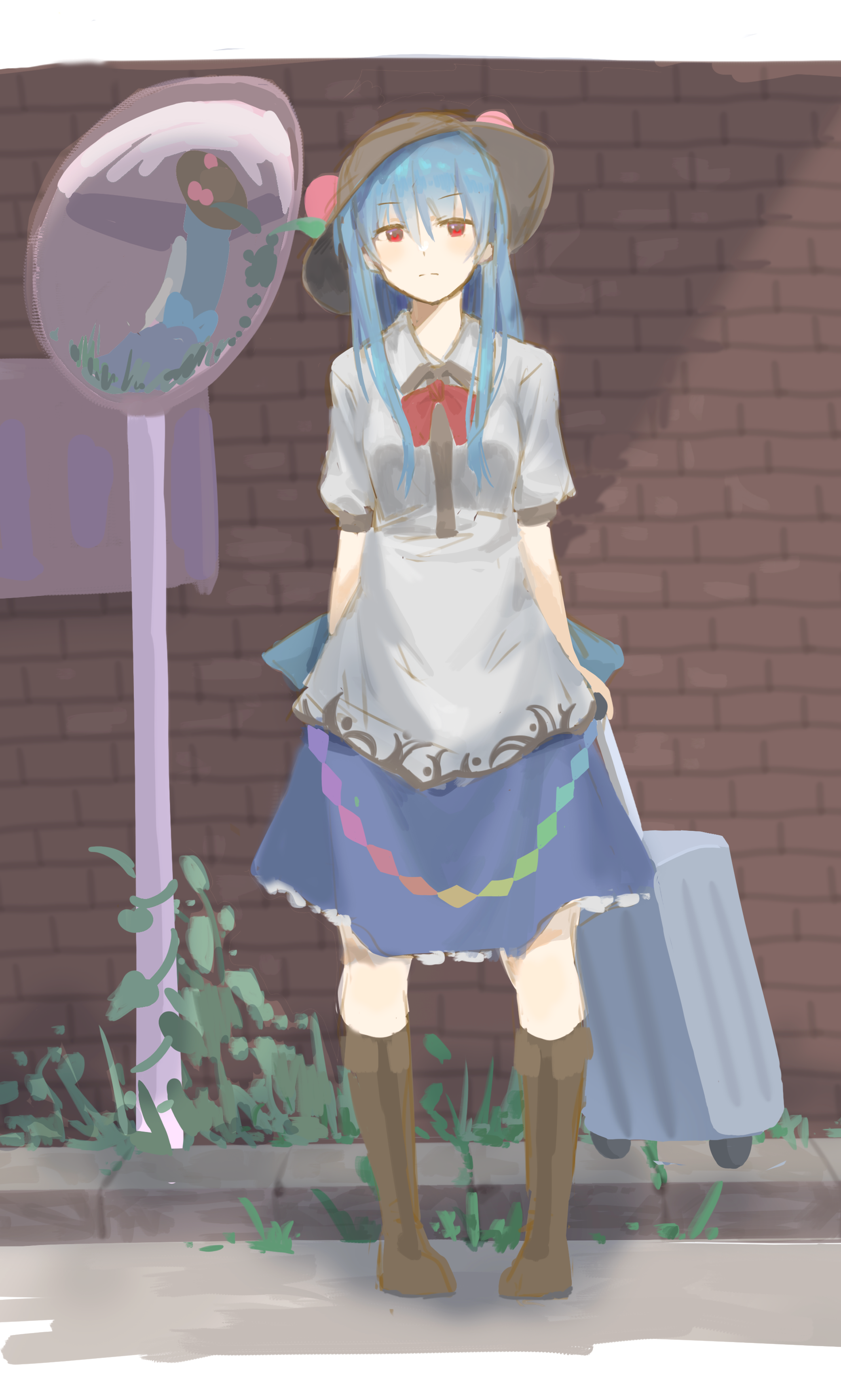 yorange17, hinanawi tenshi, touhou, absurdres, commentary, english commentary, highres, mixed-language commentary, 1girl, blue hair, boots, bow, bowtie, breasts, brown boots, closed mouth, collared shirt, food, fruit, fruit hat ornament, grey shirt, hat ornament, holding, holding suitcase, leaf hat ornament, long hair, looking at viewer, peach, peach hat ornament, puffy short sleeves, puffy sleeves, rainbow order, red bow, red bowtie, red eyes, reflection, rolling suitcase, shirt, short sleeves, solo, suitcase, very long hair