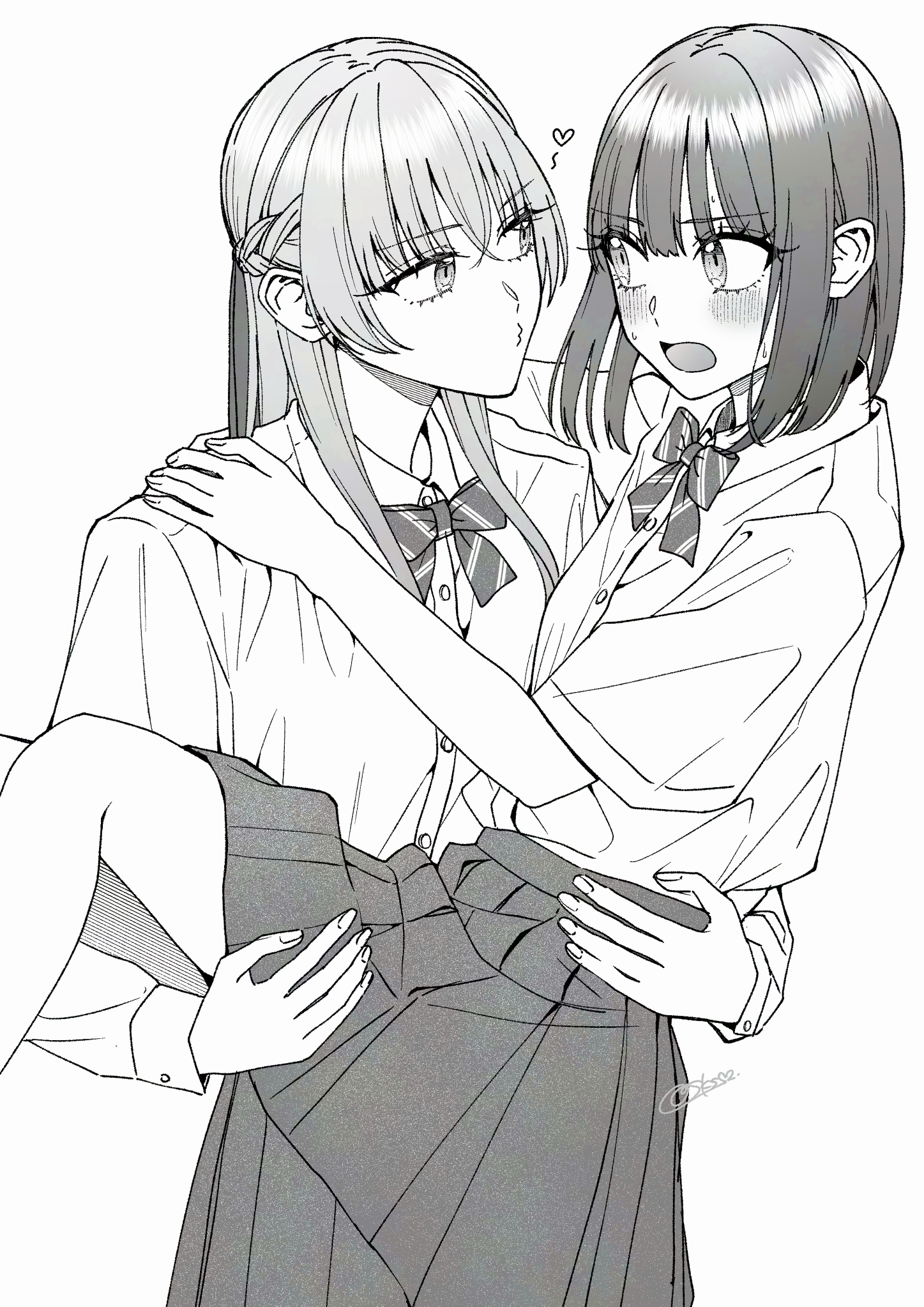 sakashima 0822, original, highres, 2girls, blush, bow, bowtie, carrying, collared shirt, greyscale, hand on another's shoulder, heart, long hair, medium hair, monochrome, multiple girls, open mouth, pleated skirt, princess carry, puckered lips, school uniform, shirt, skirt, sweat, yuri