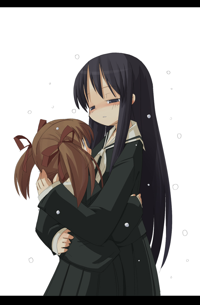 fukuzawa yumi, ogasawara sachiko, maria-sama ga miteru, 00s, 2girls, black hair, blush, brown hair, height difference, hug, letterboxed, long hair, looking down, multiple girls, school uniform, serafuku, short hair, simple background, snow, twintails, very long hair