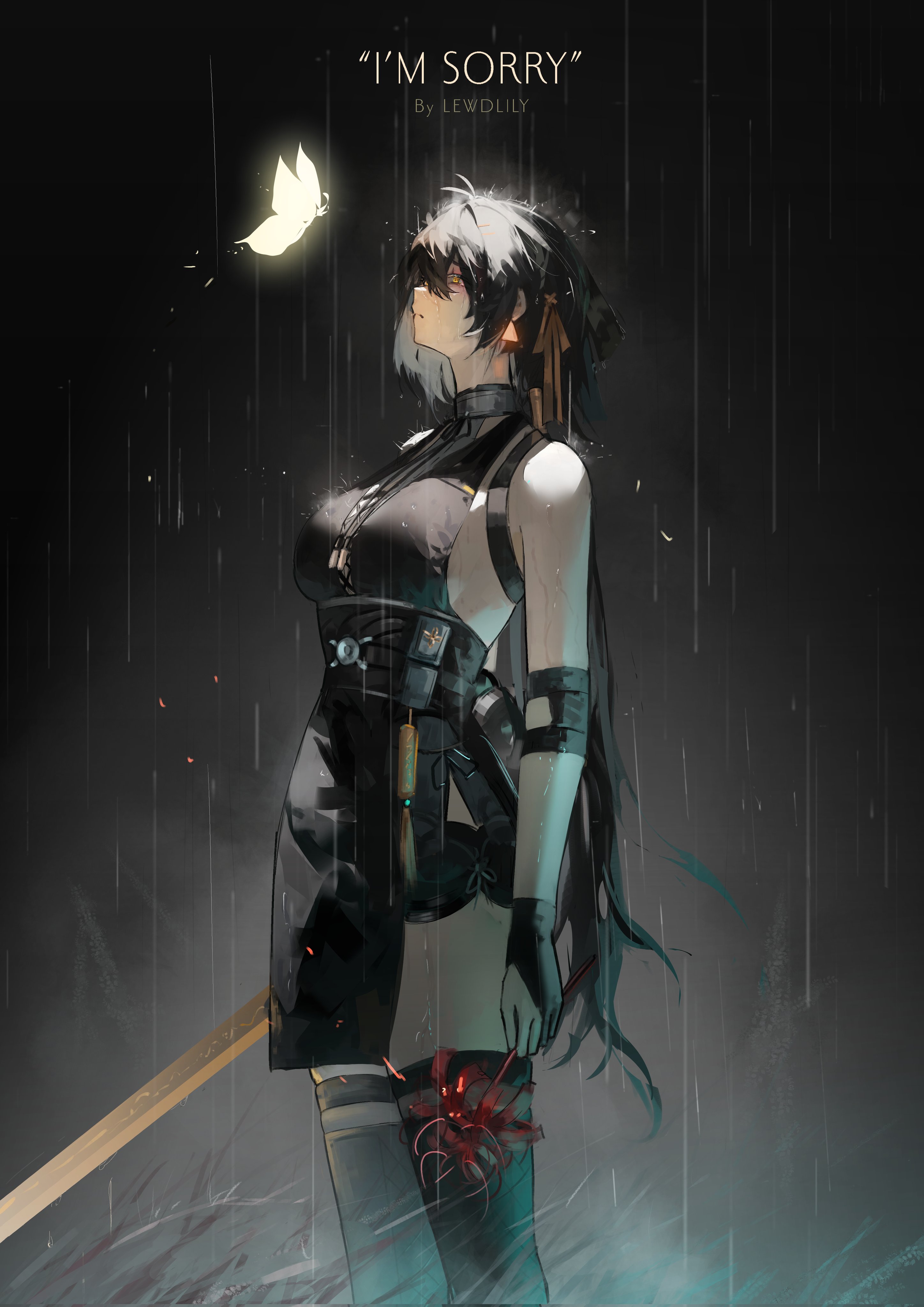 lewdlily66, female rover (wuthering waves), rover (wuthering waves), wuthering waves, absurdres, commentary, english commentary, highres, 1girl, artist name, bare shoulders, black dress, black gloves, black hair, black shorts, breasts, colored inner hair, dress, earrings, elbow pads, english text, from side, gloves, hair ribbon, holding, holding sword, holding weapon, jewelry, long hair, low ponytail, medium breasts, multicolored hair, partially fingerless gloves, ponytail, rain, ribbon, short shorts, shorts, sleeveless, sleeveless dress, solo, sword, thighs, triangle earrings, very long hair, weapon, white hair, yellow eyes, yellow ribbon