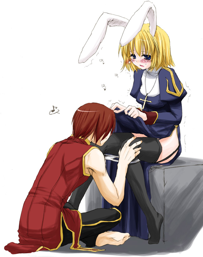 nakajima yuka, champion (ragnarok online), priest (ragnarok online), wizard (ragnarok online), ragnarok online, 1boy, 1girl, animal ears, barefoot, clothes lift, embarrassed, lifting own clothes, priest, priestess, rabbit ears, skirt, skirt lift, thighhighs, wizard