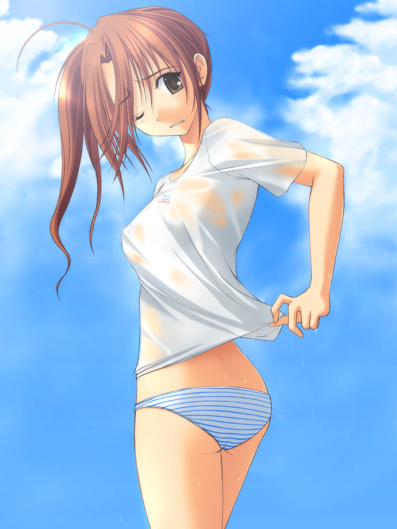 takepon, original, 1girl, back, black eyes, blue panties, blush, brown eyes, brown hair, female focus, long hair, looking back, one eye closed, panties, ponytail, see-through clothes, shirt, shirt tug, solo, standing, striped clothes, striped panties, underwear, wet, wet clothes, wet shirt, wince, wink